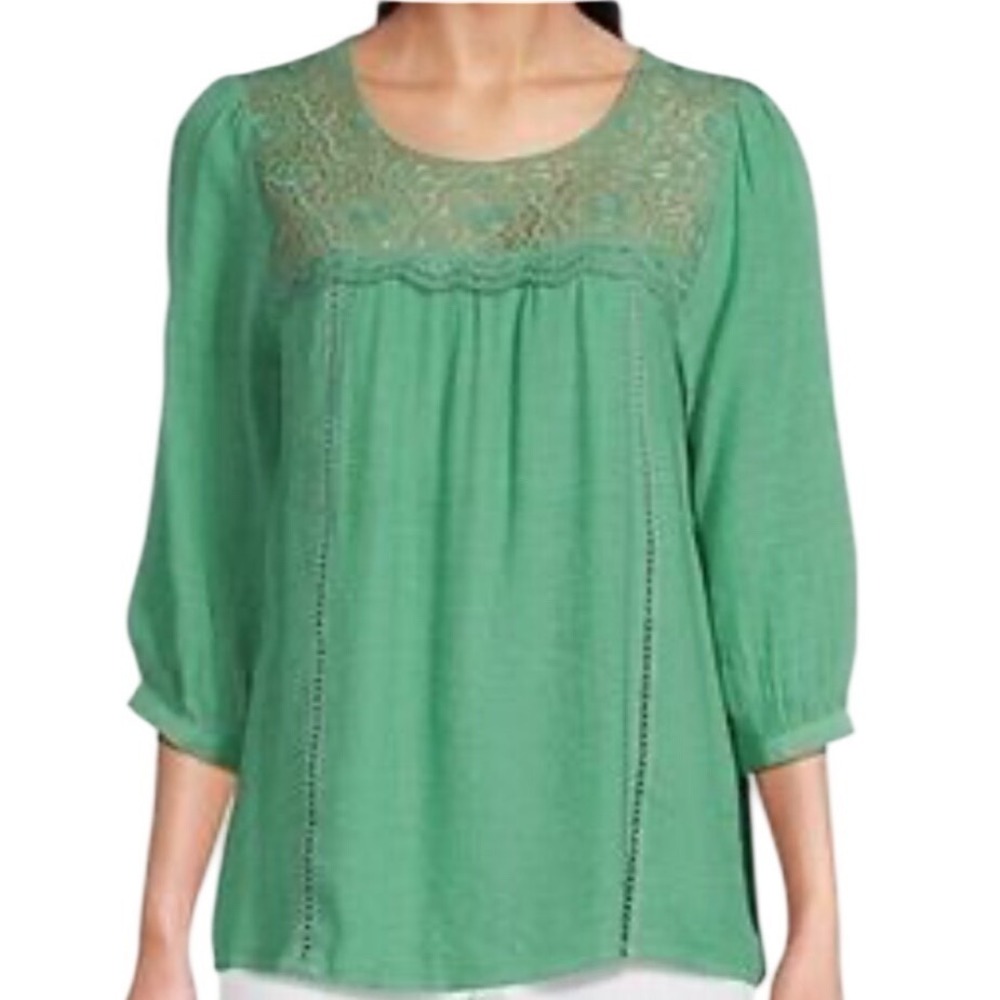Figueroa & Flower Blouse Size S Sage Green Crochet Lace Boho 3/4 Sleeve Boho
